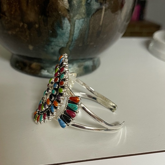 Silver Southwestern Cuff Bracelet with Sunburst Design - Picture 2 of 5